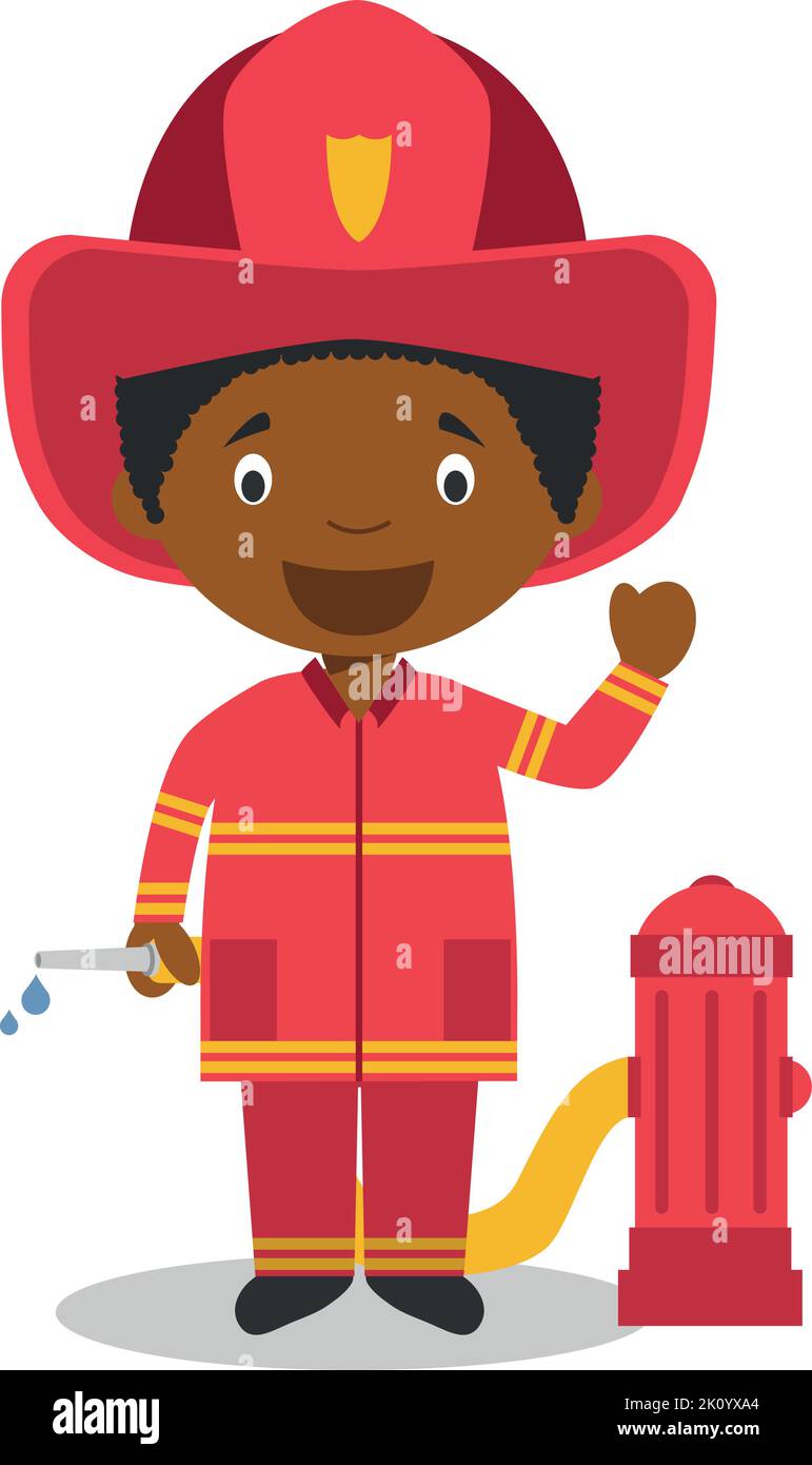 Carino cartoon vettore illustrazione di un nero o afro americano maschio pompiere. Illustrazione Vettoriale