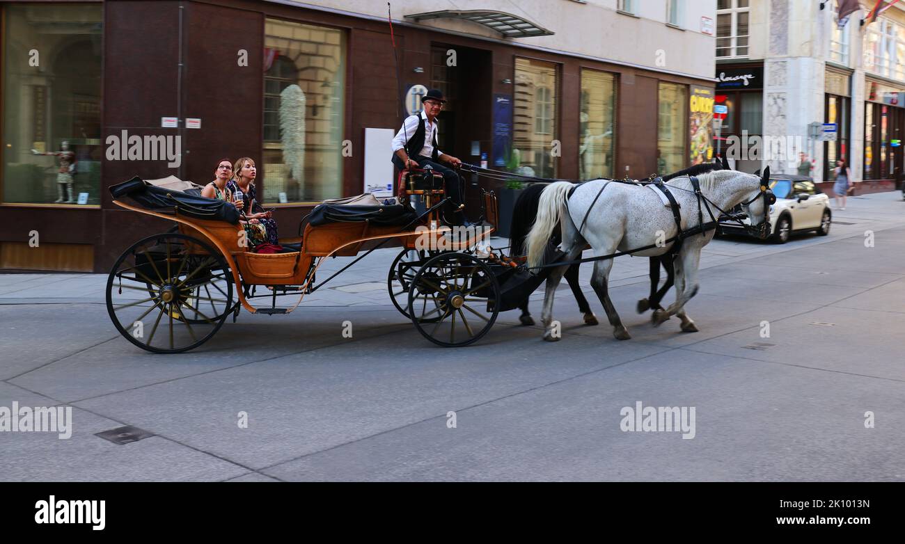 Kutsche, Fiaker, Wien, Pferdekutsche oder Fiaker bei romantischer Fahrt durch die Hauptstadt, Vienna, Austria! Foto Stock