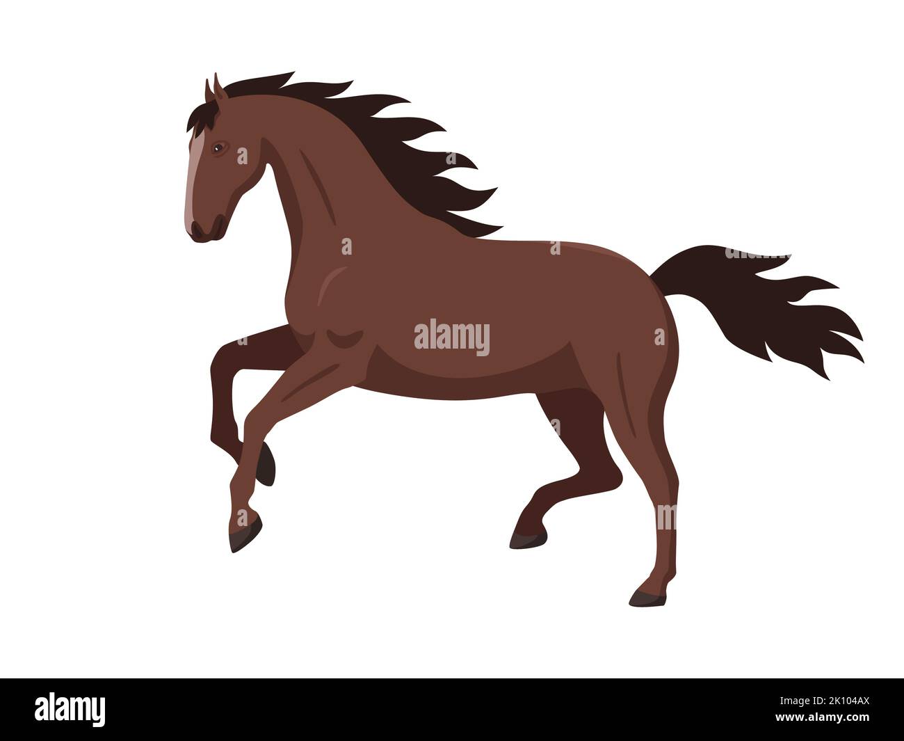 Un cavallo bruno in corsa. Illustrazione vettoriale di uno stallone di cavallo bruno atletico in esecuzione su isolato su bianco. Design piatto, vista laterale. Illustrazione Vettoriale