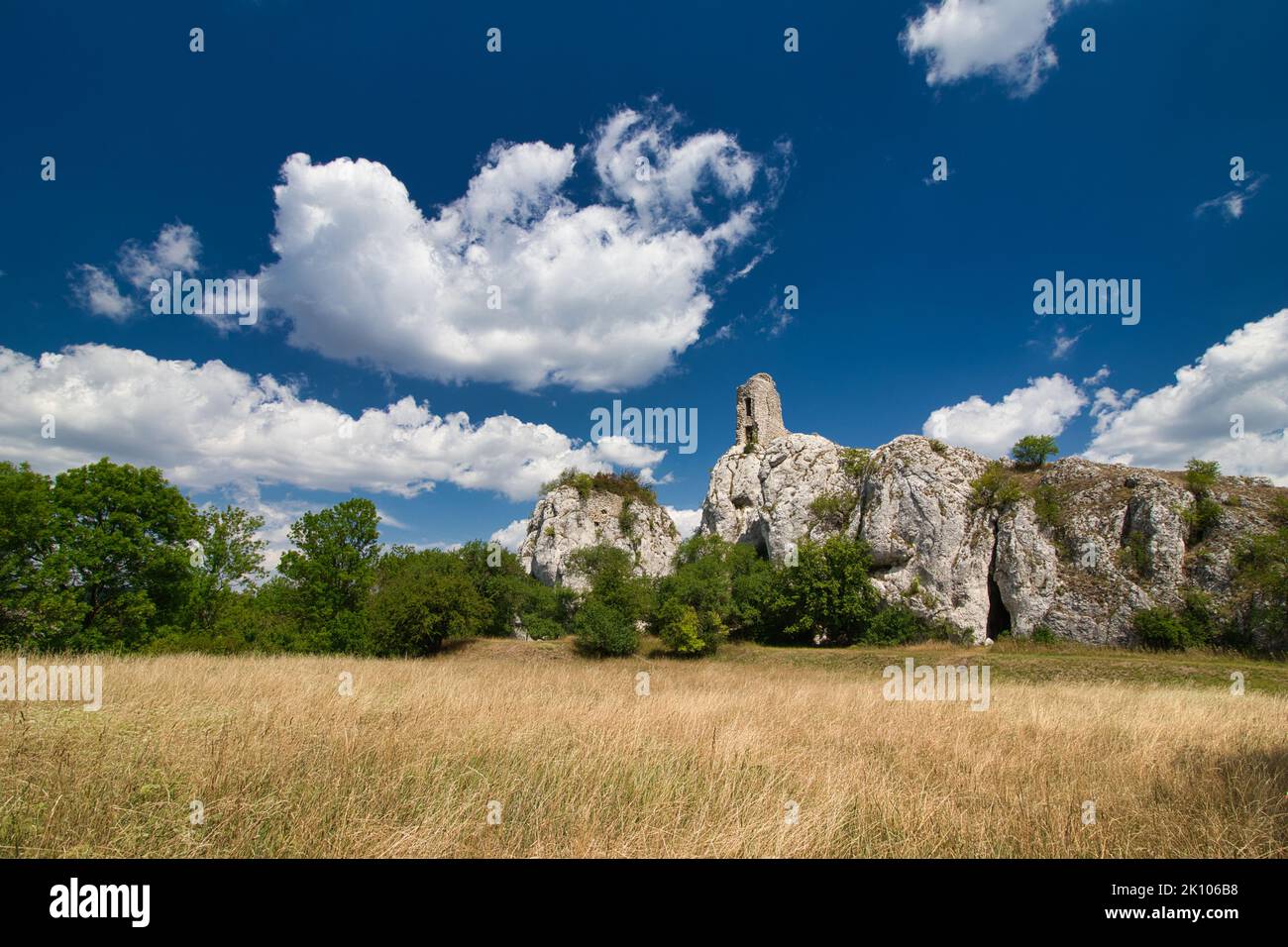 Una rovina del castello Sirotci hradek in Moravia, sotto le nuvole bianche. Foto Stock
