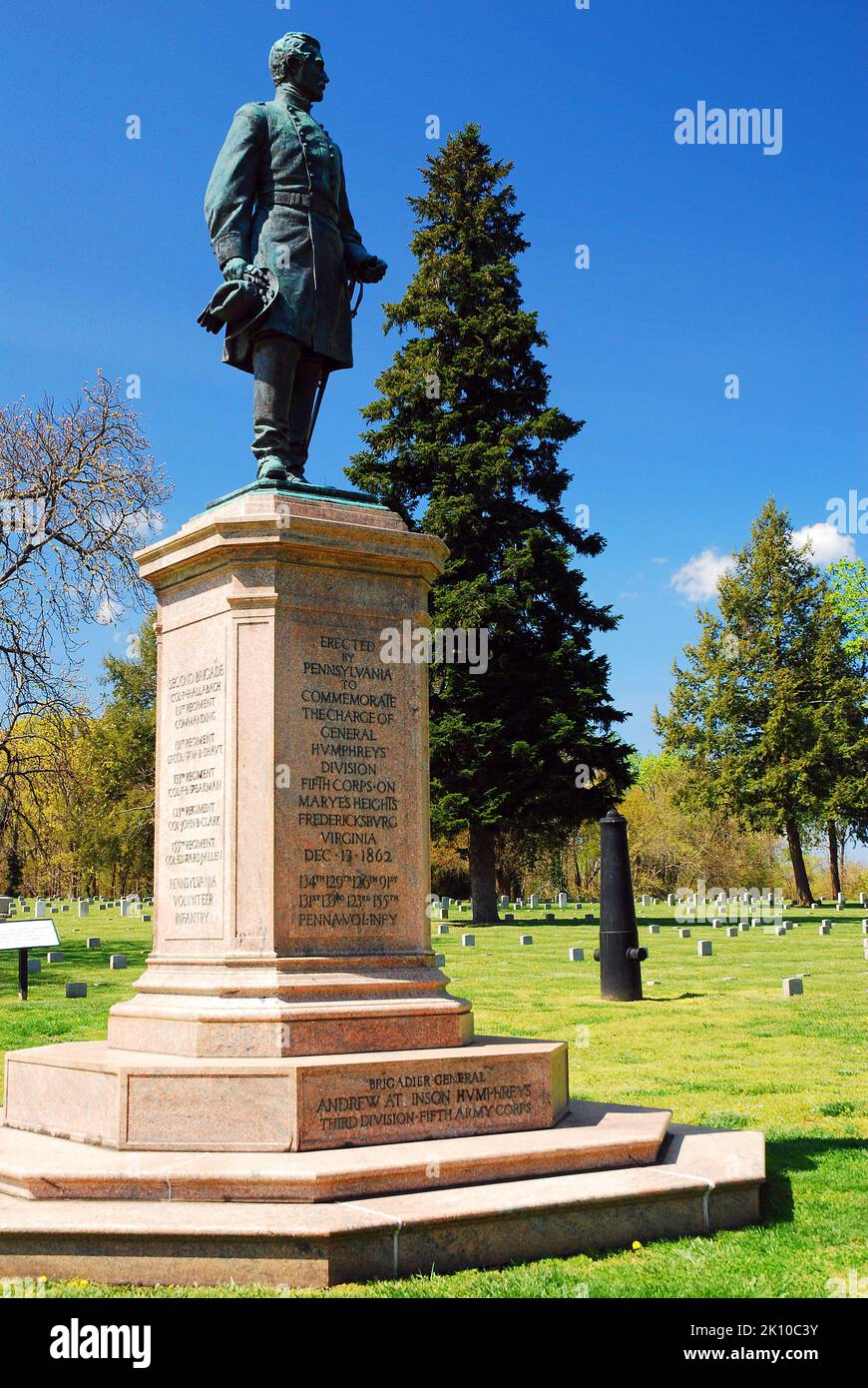 Una statua che onora la Divisione Pennsylvania del Generale Humphrey si trova in un cimitero militare della Guerra civile a Fredericksburg, Virginia Foto Stock