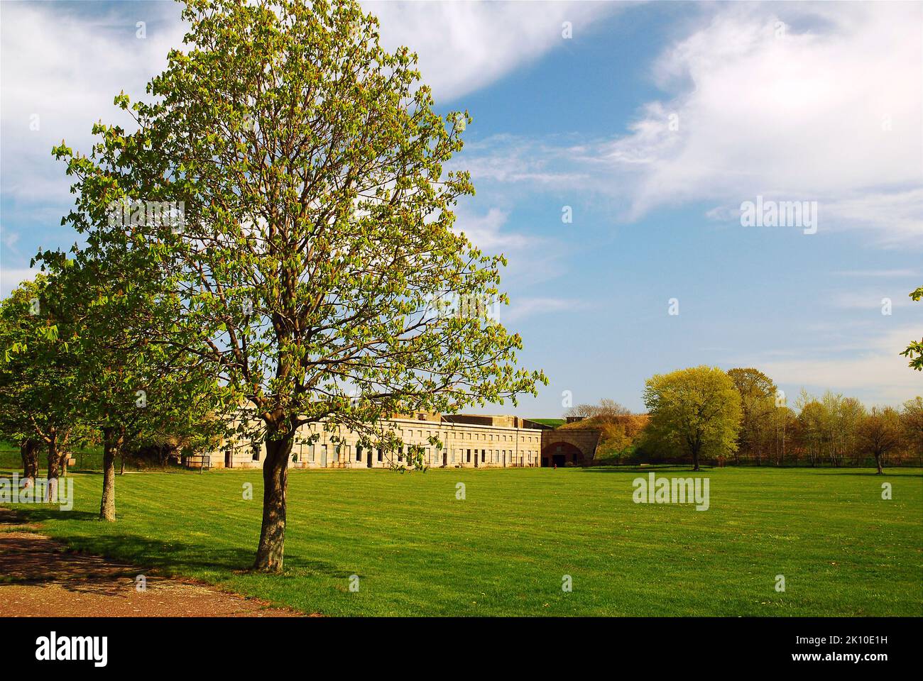 Una linea di alberi si sviluppa sul bordo della vasta parata di Fort Warren, una fortezza di epoca rivoluzionaria nelle isole del porto di Boston Foto Stock