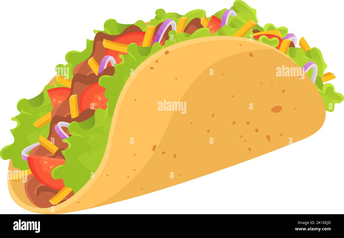 Deliziosa illustrazione cartoon messicano Taco isolato su sfondo bianco. Incontro di manzo, pomodoro, formaggio, cipolla, lattuga, ingredienti per tortilla di mais. Illustrazione Vettoriale