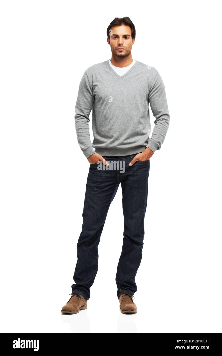 Vivere il suo stile di vita. Studio girato di un bel giovane uomo isolato su bianco. Foto Stock