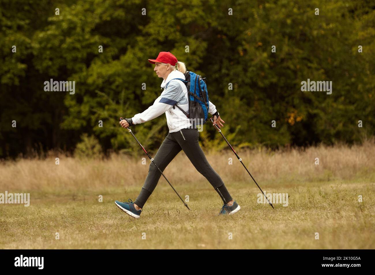 Donna anziana attiva e sportiva che pratica nordic walking con bastoni nel parco pubblico, all'aperto. Sport autunnali, stile di vita sano Foto Stock