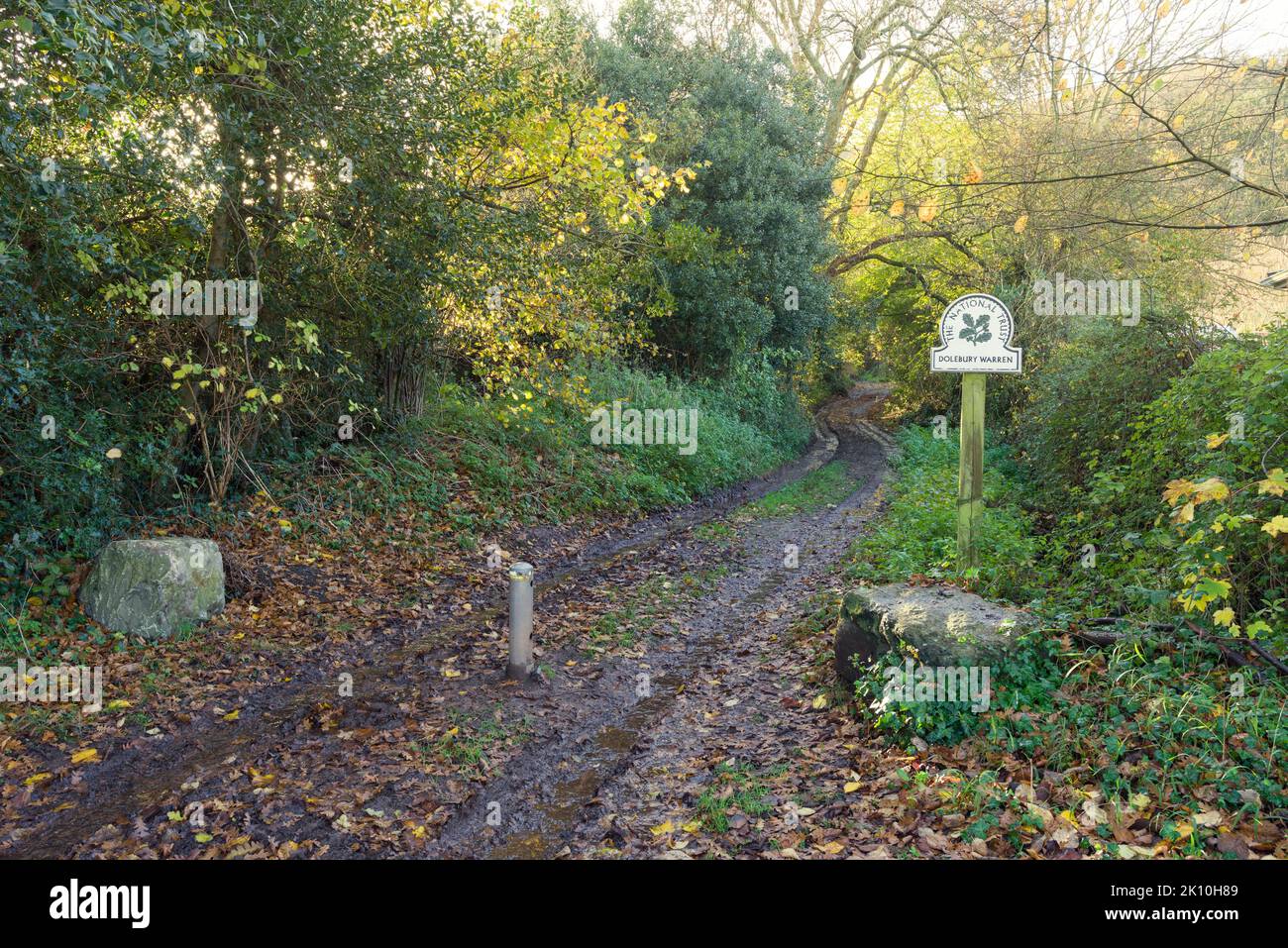Un segno di National Trust per Dolebury Warren all'inizio di un percorso di ponte ai piedi delle colline Mendip a Upper Langford, North Somerset, Inghilterra. Foto Stock