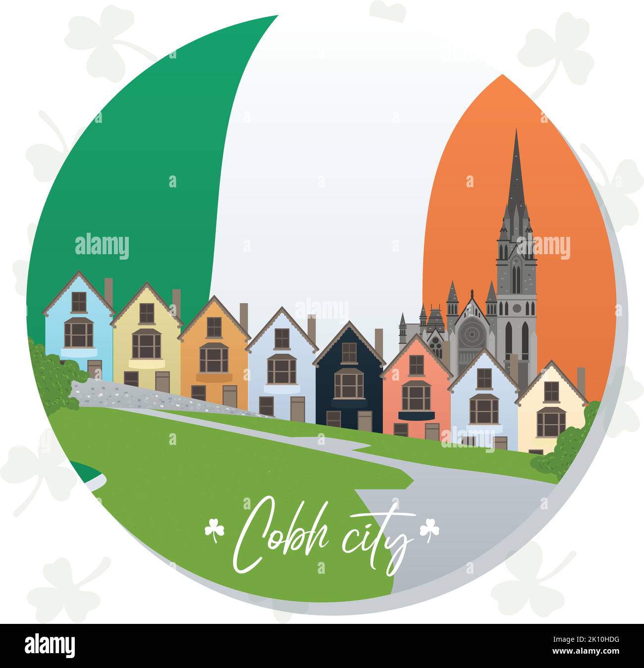 Colorato paesaggio irlandese della città con un tempio Ireland Vector Illustrazione Vettoriale