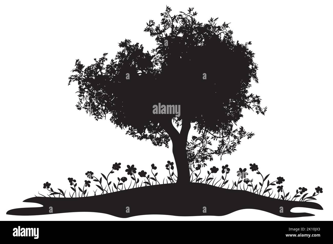 Silhouette nera di albero con foglie ed erba con illustrazione di fiori. Illustrazione Vettoriale