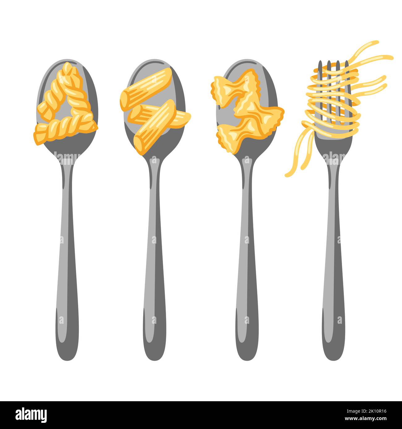Illustrazione della pasta italiana su cucchiaio e forchetta. Immagine culinaria per menu di ristoranti. Illustrazione Vettoriale