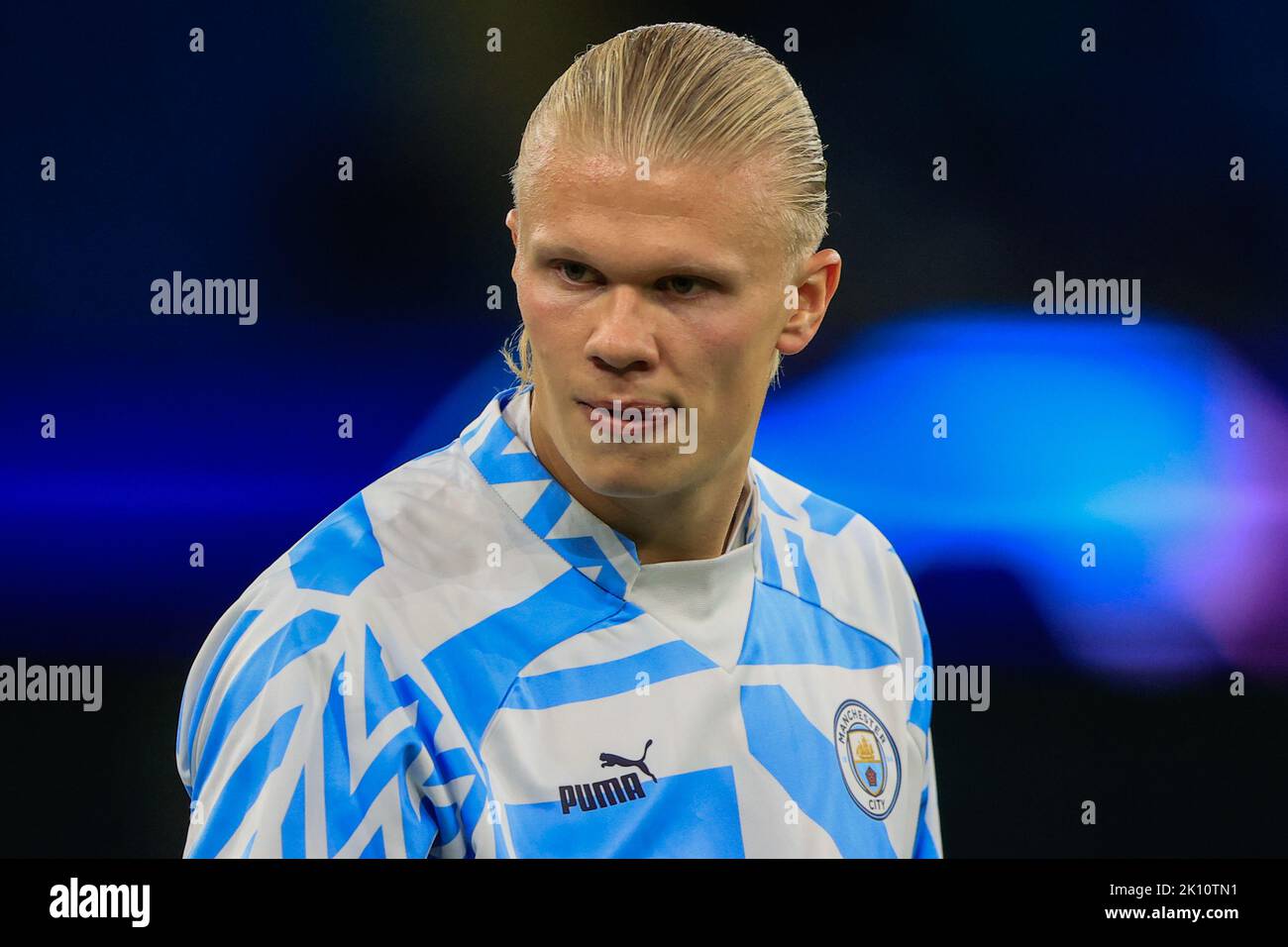 Manchester, Regno Unito. 14th Set, 2022. Erling Håland #9 di Manchester City durante il warm up pre-partita durante la partita della UEFA Champions League Manchester City vs Borussia Dortmund all'Etihad Stadium, Manchester, Regno Unito, 14th settembre 2022 (Photo by Conor Molloy/News Images) Credit: News Images LTD/Alamy Live News Foto Stock