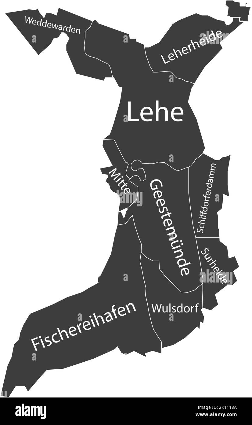 Mappa amministrativa a vettore piatto grigio scuro di BREMERHAVEN, GERMANIA con nomi e linee di confine bianche dei suoi distretti Illustrazione Vettoriale