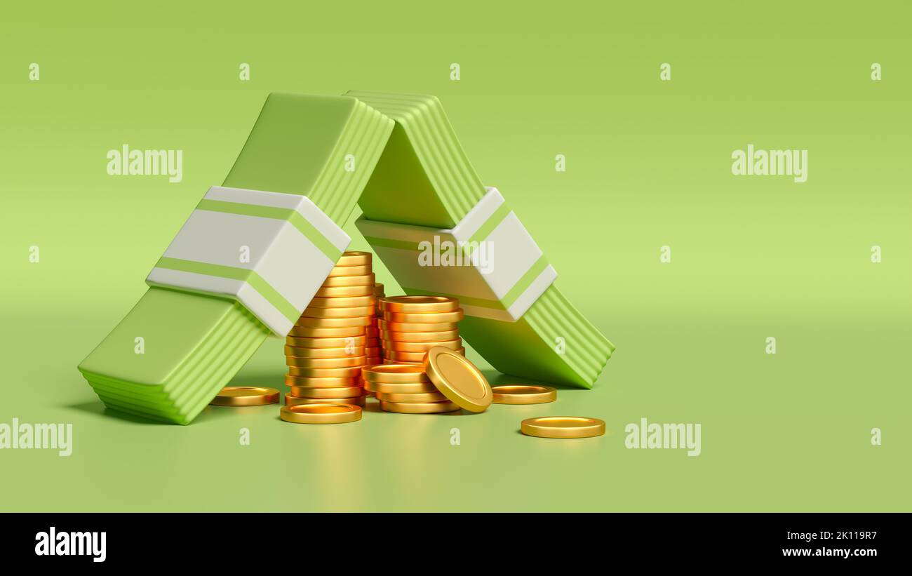 Rifugio fatto di banconote in dollari per stack monete d'oro, protetto oro monete cumulo su sfondo verde. Illustrazione di pile di denaro contante. 3d re Foto Stock