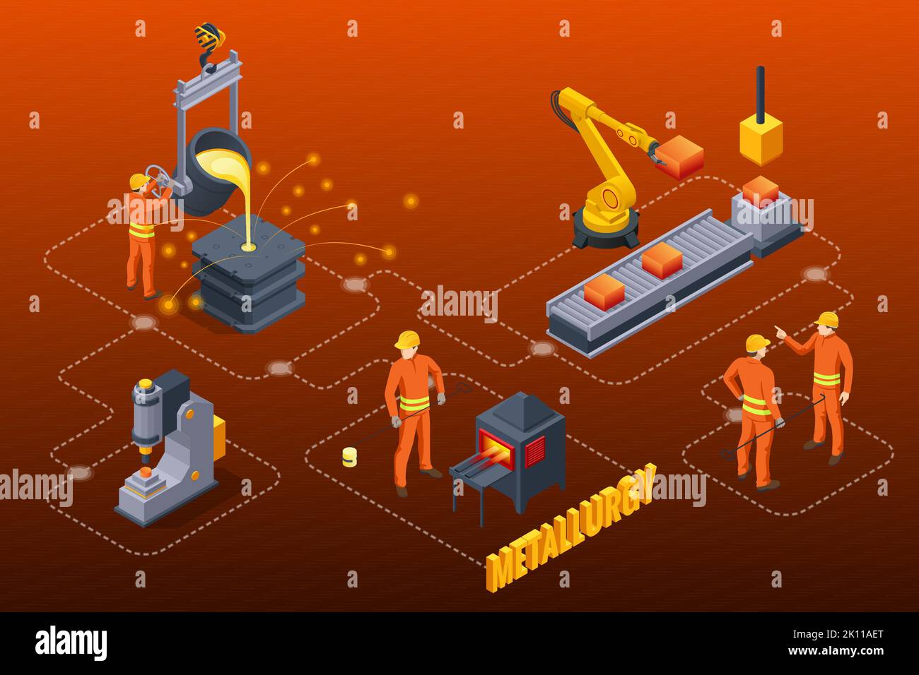 Produzione e metallurgia industriale isometrica. Processi di metallurgia delle fonderie in operai di fabbrica. Colata di acciaio caldo in acciaieria. Altoforno Illustrazione Vettoriale