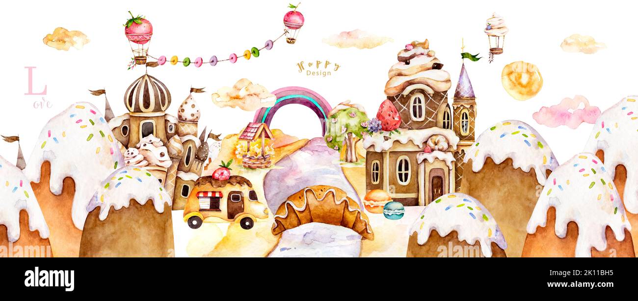 Dolce sogno acquerello illustrazione. Pasticceria. Una vacanza divertente. Torta di Castello, caramello, caramella, palloncini, torta, fragola, gelateria, nubi Foto Stock