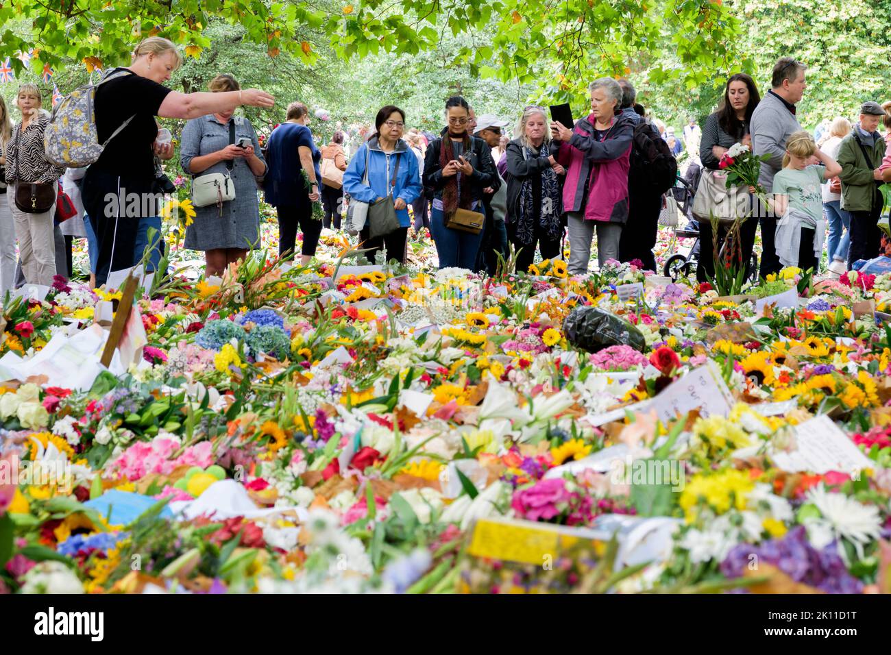 Londra, Regno Unito. 14th Set, 2022. Mentre una folla di persone è venuta a Londra per guardare la bara di sua Maestà la Regina che viene trasportata al Palazzo di Westminster, la gente viene fotografata mentre guarda le carte dei fiori, gli orsi e altri tributi che sono stati lasciati a Green Park, Londra. Credit: Lynchpics/Alamy Live News Foto Stock