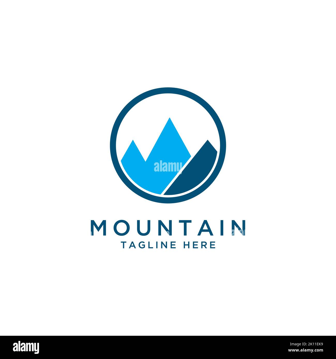Modello con logo Mountain. Icona mountain con forma a forma di lettera M nel vettore del cerchio Illustrazione Vettoriale