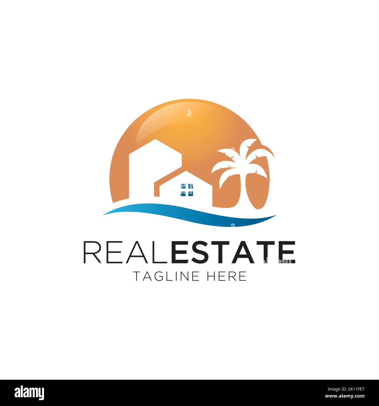 modello vettoriale di disegno del logo di illustrazione della casa e della spiaggia. Ispirazione logo casa costiera Illustrazione Vettoriale