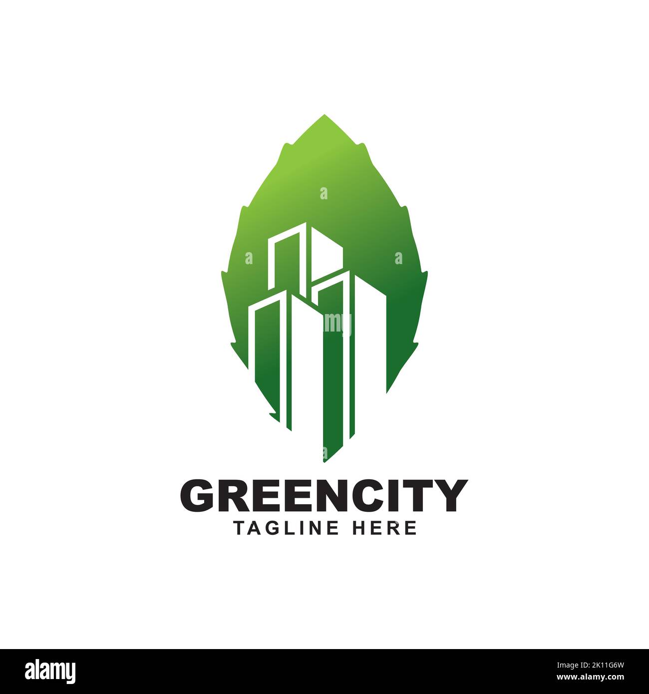 costruzione con modello vettoriale di disegno del logo del simbolo della foglia. Illustrazione verde della città Illustrazione Vettoriale