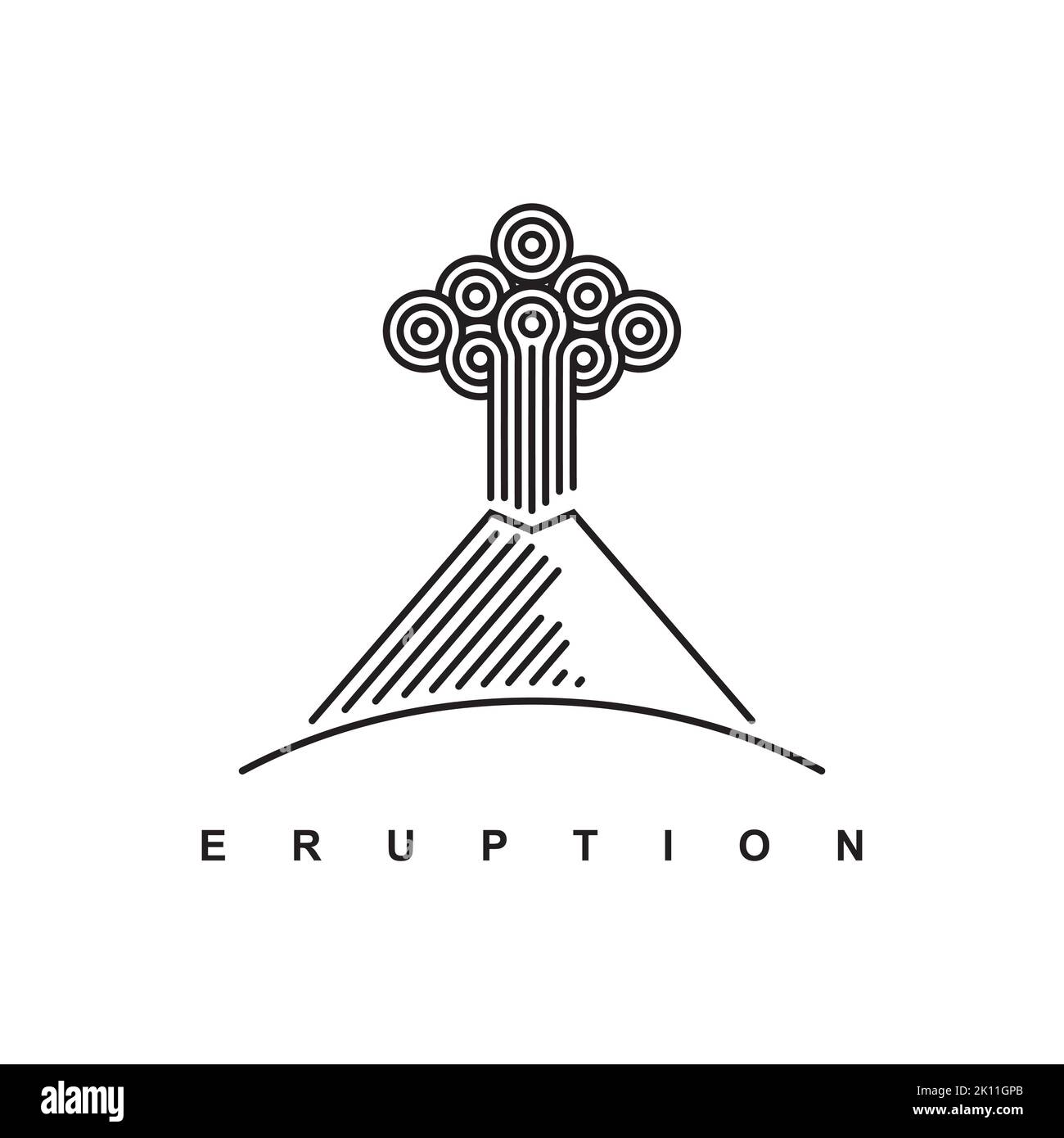 Logo Mountain dallo stile lineare. Natura disastro eruzione con fumo e nuvole nel cielo. montagna eruzione logo disegno vettore modello ispirazione Illustrazione Vettoriale