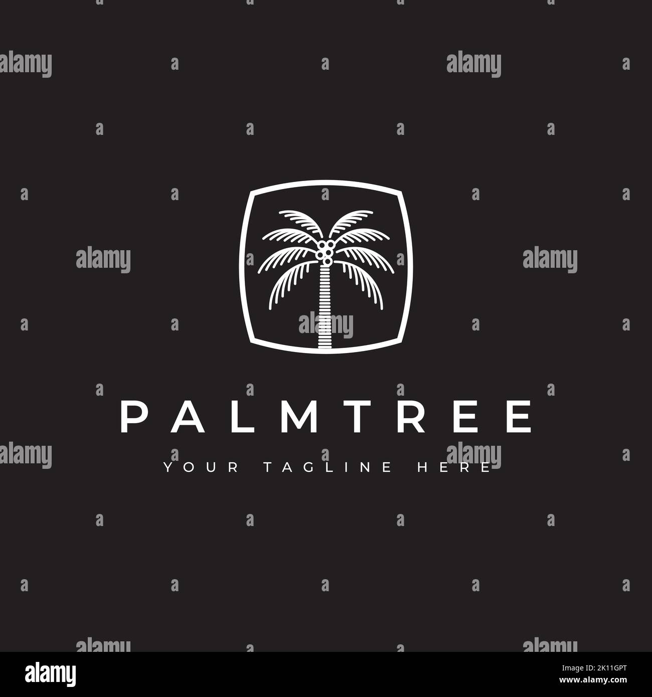 Modello vettoriale di disegno del logo dell'albero di cocco. Icona Palm tree Illustrazione Vettoriale