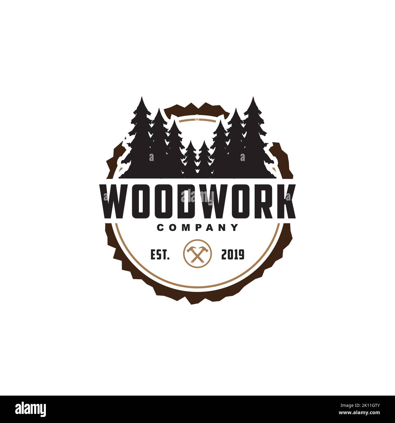 Modello logo lavoro legno. Distintivo creativo per azienda lavoro legno. Falegnameria logo ispirazione Illustrazione Vettoriale
