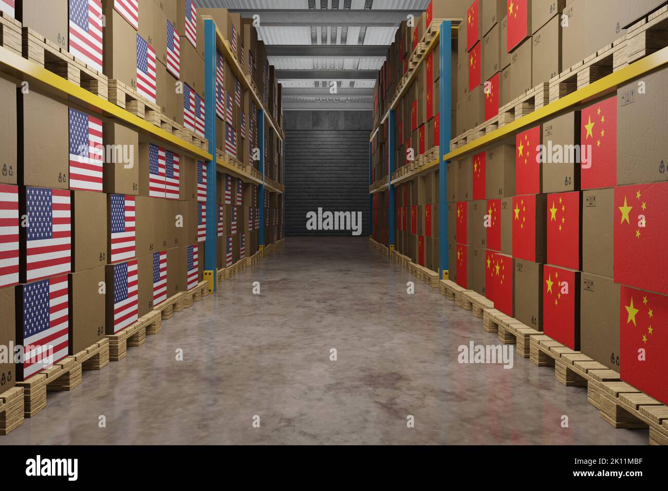 Scatole di cartone con le bandiere nazionali degli Stati Uniti e della Cina poste su pallet in un magazzino. Illustrazione del concetto di guerra commerciale, sanzione commerciale Foto Stock