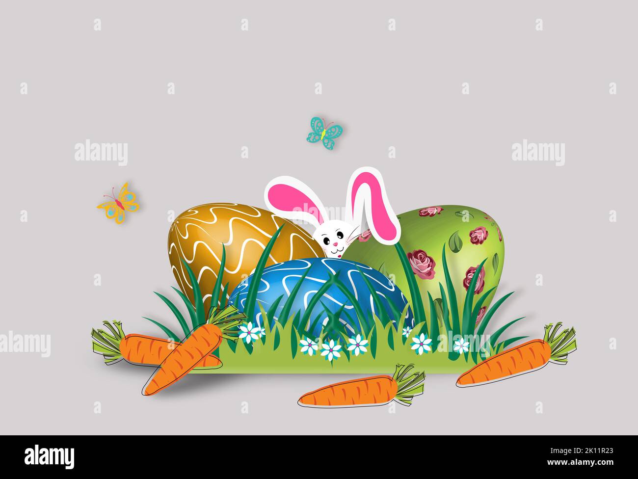 Felice modello di Pasqua con uova colorate. Disegno di illustrazione per invito, scheda, menu, volantino, banner, poster. Foto Stock