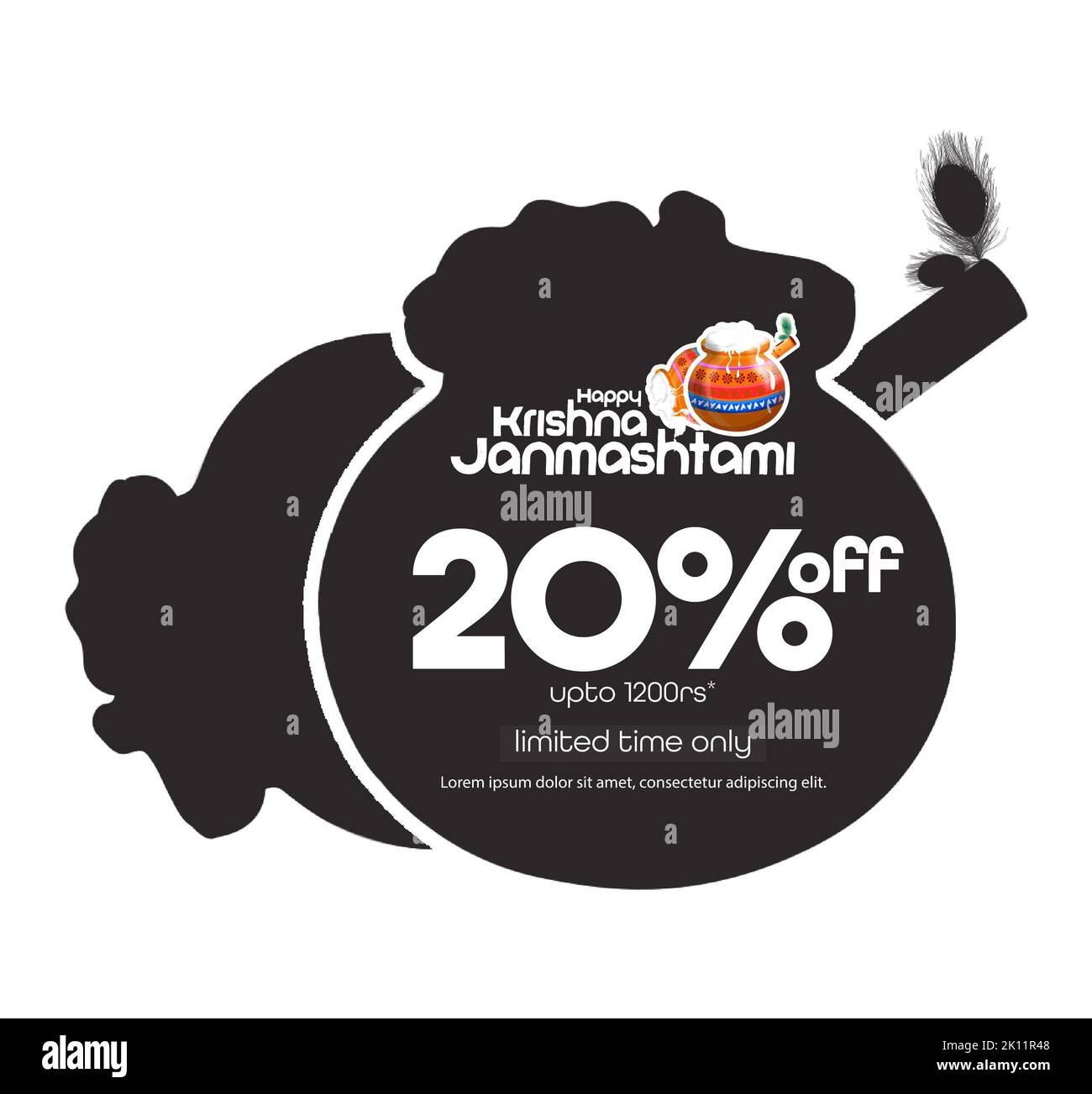 Promozione limitata a tempo banner design con 20% di sconto per Krishna Janmashtami festival celebrazione. Piatto. Foto Stock