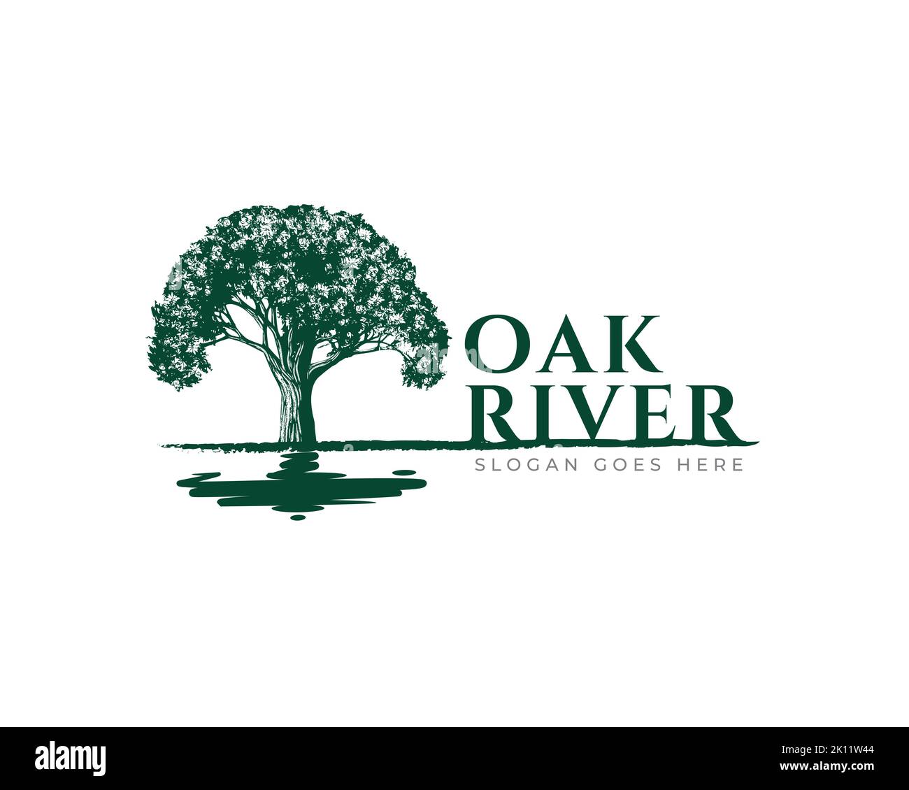 Oak Tree logo design vettoriale template.tree e lago fiume riflessione acqua Illustrazione Vettoriale