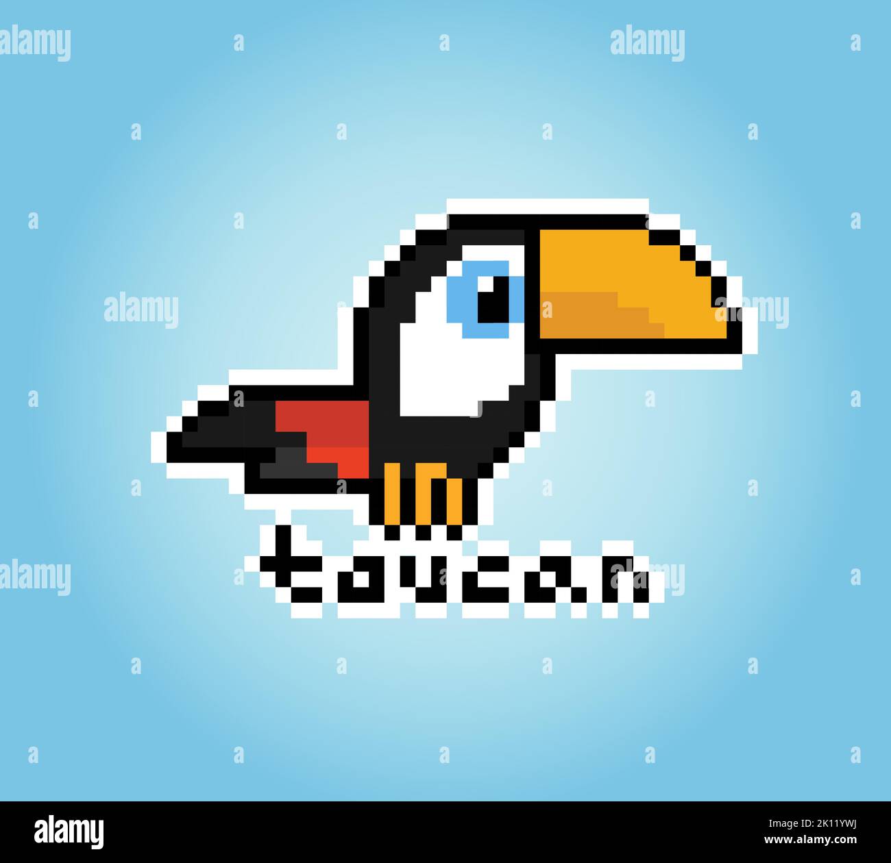 Pixel 8 bit toucan uccello. Le risorse di gioco degli animali nell'illustrazione vettoriale. Illustrazione Vettoriale