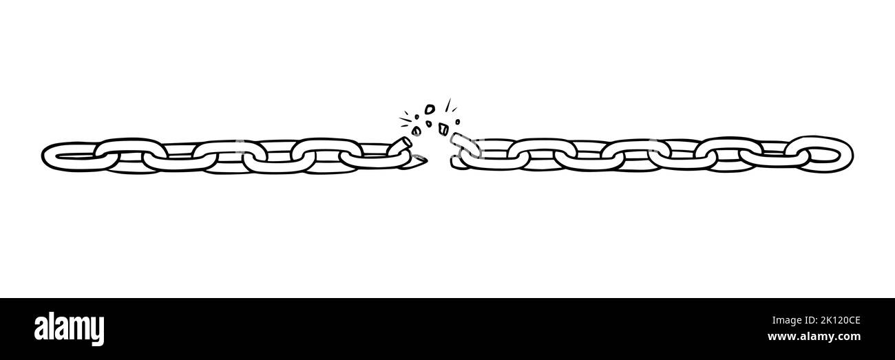 Catena spezzata con frantumazioni come simbolo di forza e libertà. Schizzo delle catene metalliche. Illustrazione vettoriale isolata su sfondo bianco Illustrazione Vettoriale