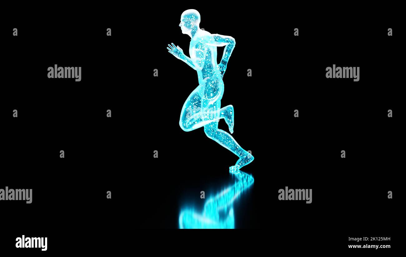 Sistema scheletrico di running man, Anatomia ossea durante la corsa, fisico umano e sport, joggers, running man, medico accurato, fitness, Esecuzione umana Foto Stock