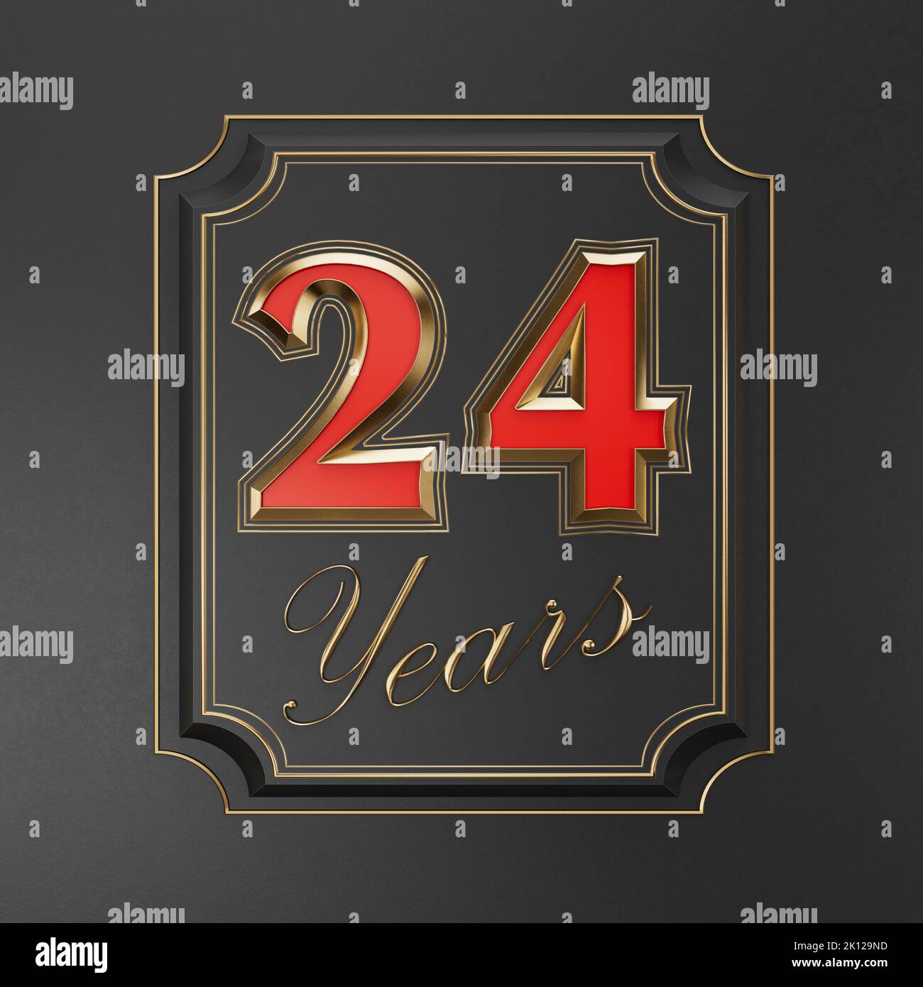 Iscrizione rossa ventiquattro anni (24 anni) con bordi dorati su fondo scuro con bordi dorati. Elementi modello numero anniversario per il tuo bir Foto Stock