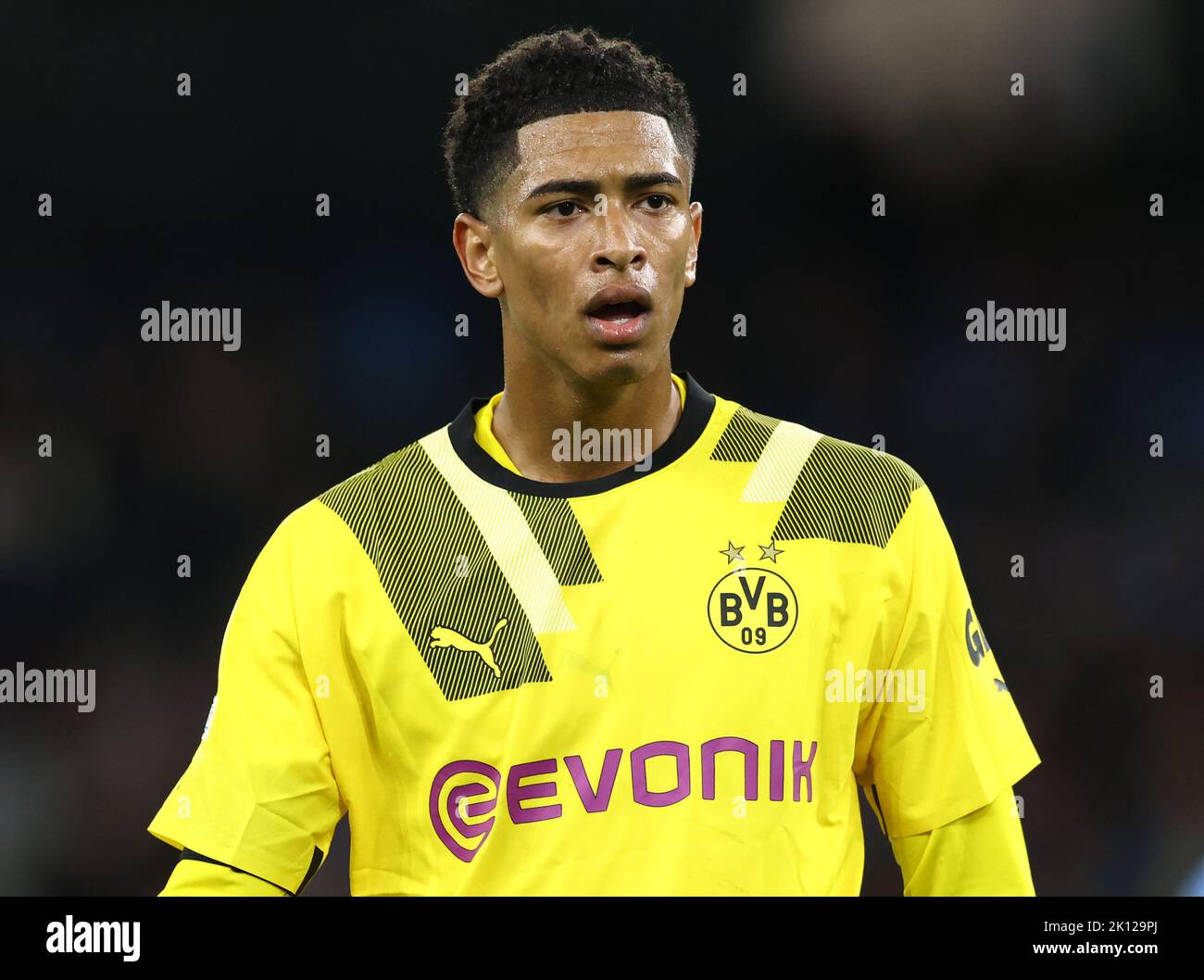 Manchester, Regno Unito. 14th Set, 2022. Jude Bellingham di Borussia Dortmund durante la partita della UEFA Champions League all'Etihad Stadium, Manchester. Il credito dell'immagine dovrebbe essere: Darren Staples/Sportimage Credit: Sportimage/Alamy Live News Foto Stock