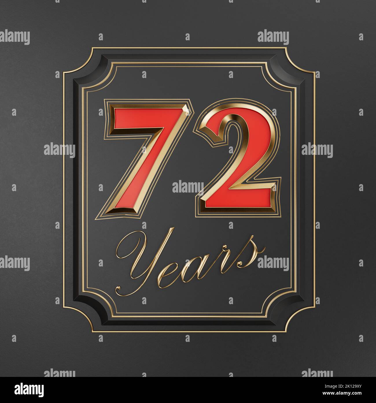 Iscrizione rossa settantadue anni (72 anni) con bordi dorati su fondo scuro con bordi dorati. Elementi modello numero anniversario per il tuo bir Foto Stock