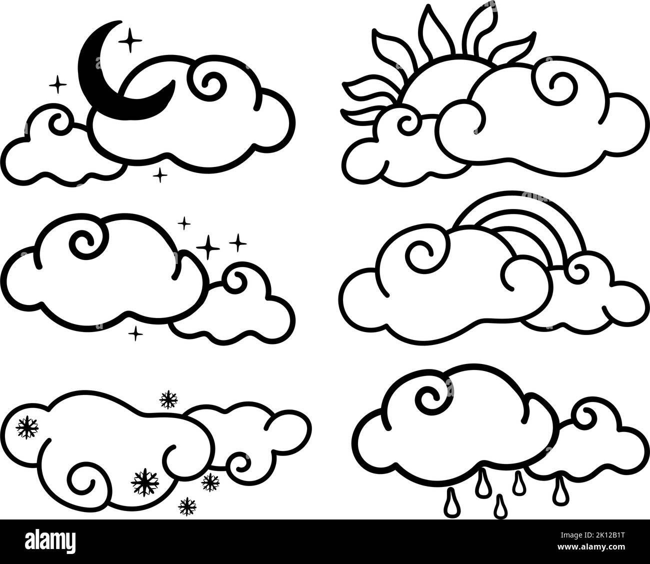 Una serie di fenomeni meteorologici. Nuvole con arcobaleno, neve, pioggia, sole, mese, elementi disegnati in stile doodle. Fenomeno della natura. Chiaro, coperto, giorno, vicino Illustrazione Vettoriale