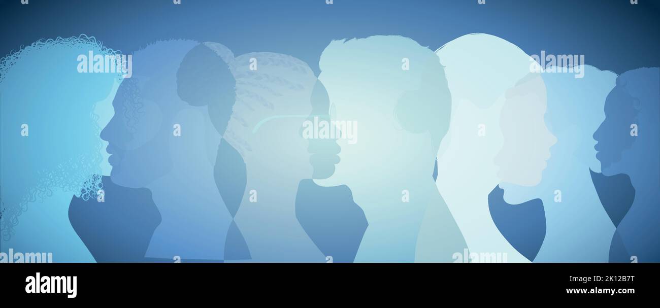 Gruppo diversità silhouette persone multietniche dal side.Community di collaboratori o colleghi. Concetto di accordo di contrattazione o patto. Collaborazione Illustrazione Vettoriale