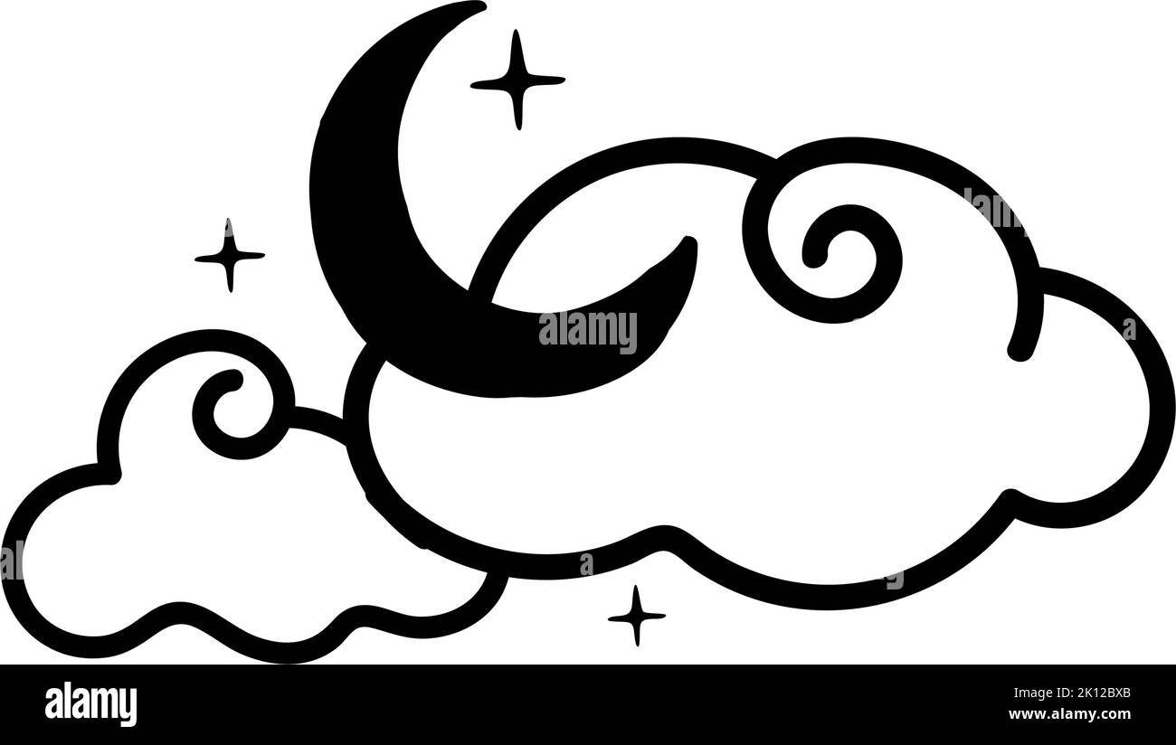 Nuvole con la luna e le stelle, elementi disegnati nello stile di un doodle. Fenomeno della natura. Notte. Tempo. Sogni. Piccole nuvole ricci. Carino vettore illu Illustrazione Vettoriale
