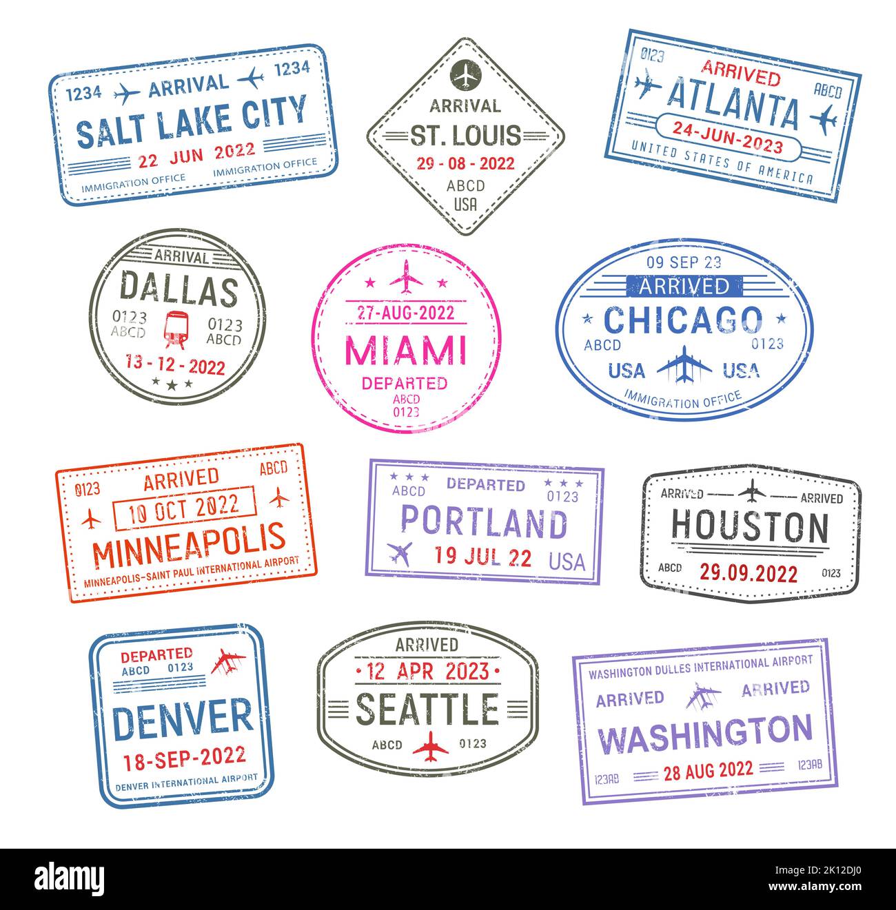 Francobolli di viaggio del passaporto, visto dell'aeroporto degli Stati Uniti arrivo alle città americane, vettore. Francobolli di viaggio internazionali degli Stati Uniti di Chicago, Houston e Washington, Seattle e Miami, Denver, Dallas, Atlanta e Portland Illustrazione Vettoriale