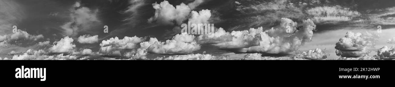 Panorama del cielo nuvoloso. Giorno naturale cielo nuvoloso sfondo astratto. Vista panoramica. Sfondo. Copia spazio. Colori bianco e nero Foto Stock