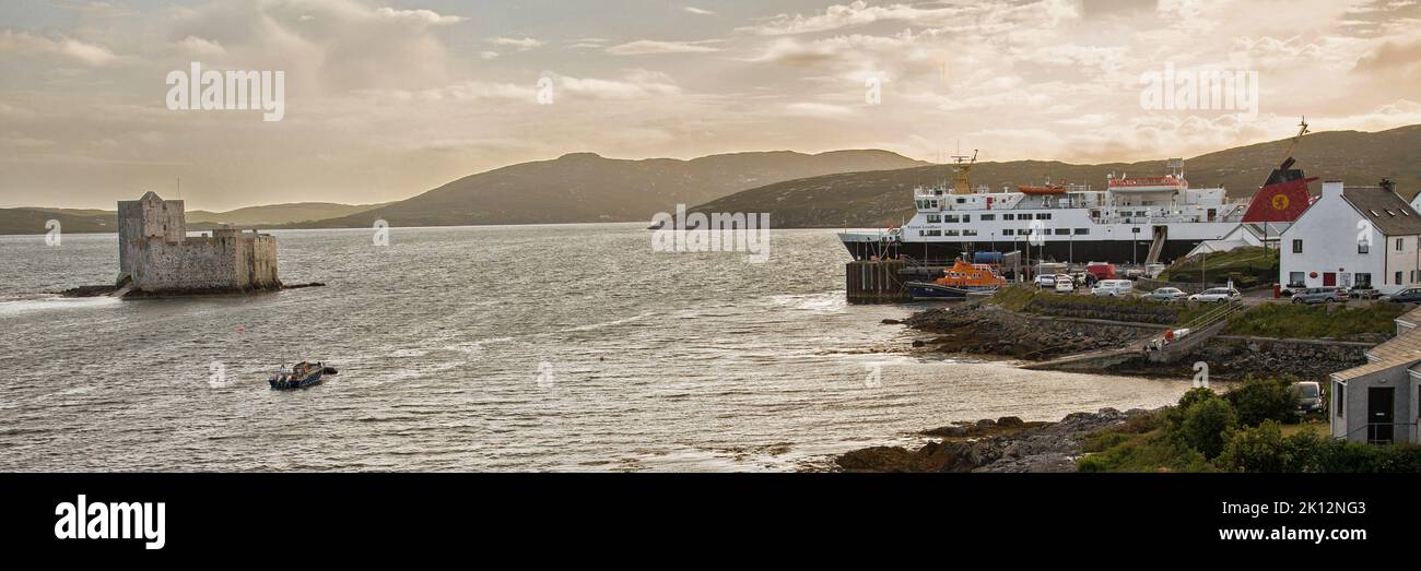 Castlebay Harbour Panorama, Castlebay, barra, Isola di barra, Ebridi, Ebridi esterne, Western Isles, Scozia, Regno Unito, Gran Bretagna Foto Stock