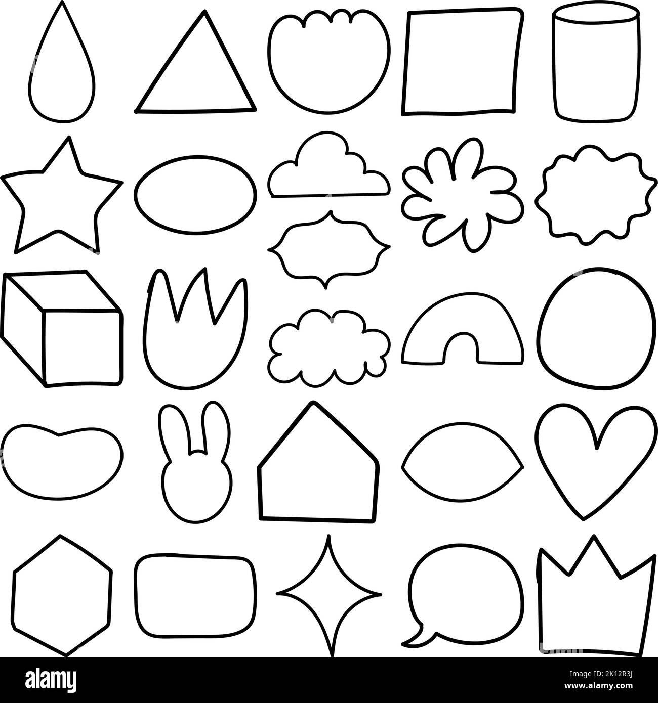 Shapes Set di contorni disegnati a mano per linee di Doodle Art contenente forma, forme, Triangolo, cerchio, semi-cerchio, Quadrato, rettangolo, parallelogramma, rombo Illustrazione Vettoriale