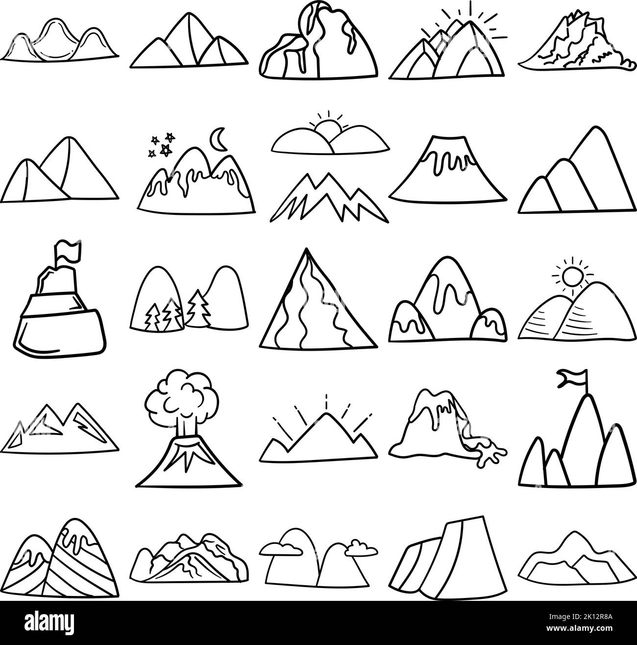 Montagne disegnate a mano Doodle Line Art Outline Set contenente montagna, montagne, scogliera, picco, pile, crinale, sierra, vulcano, alp, banca, butte Illustrazione Vettoriale