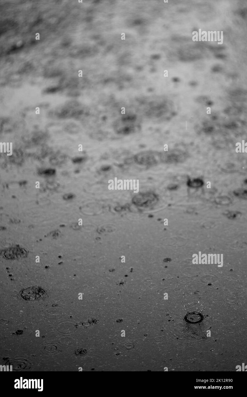 Gocce di pioggia e spruzzi su asfalto con profondità di campo poco profonda. Foto Stock