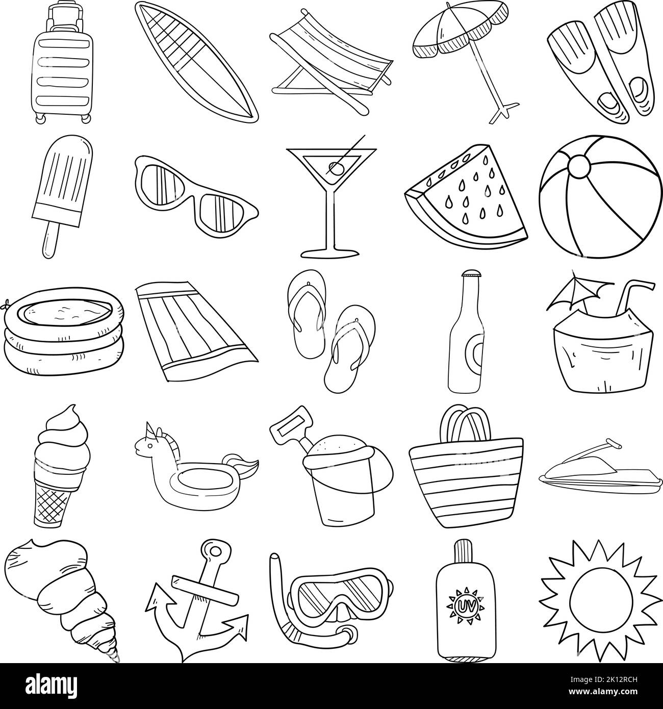 Estate linea di Doodle disegnata a mano Art Outline Set contenente piscina, Jetski, crema solare, Sole, Seashell, Beach ball, Surfboard, pinne, ombrellone Illustrazione Vettoriale