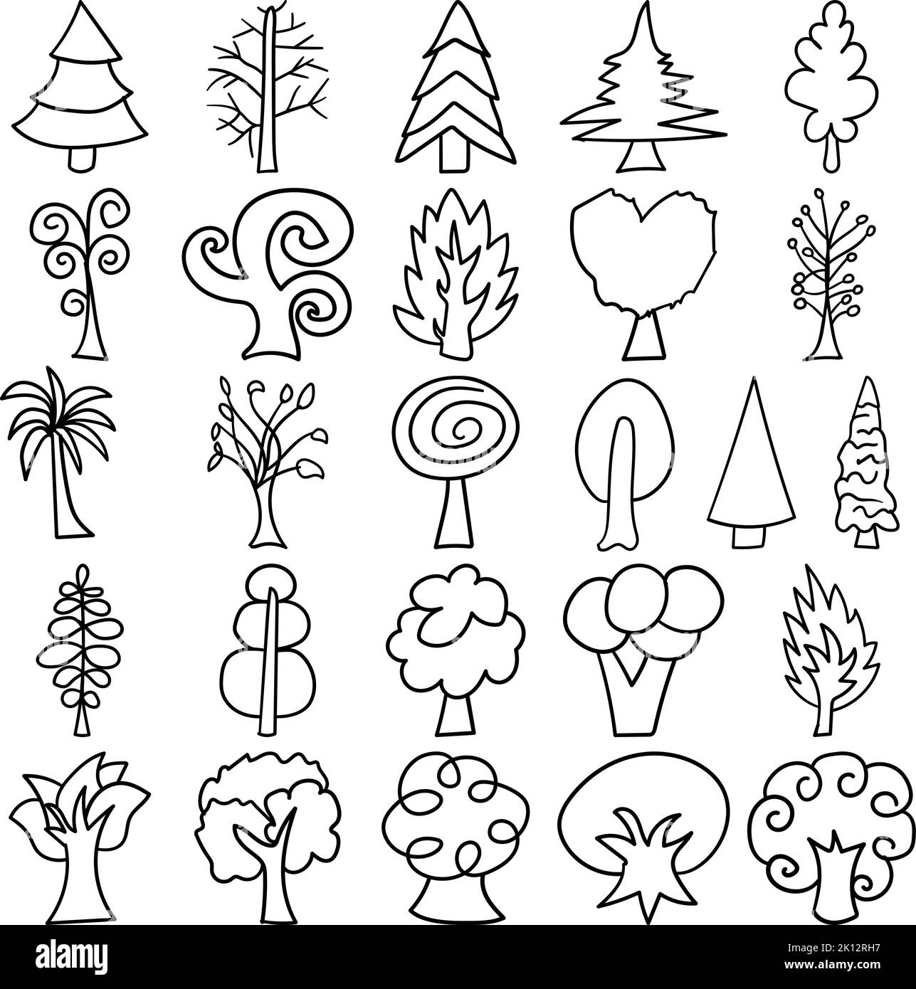 Alberi disegnati a mano Doodle Line Art Outline Set contenente alberi, albero, pianta, legno, albero, boschi, pergolato, flora, foresta, segheria, semina, arbusto Illustrazione Vettoriale