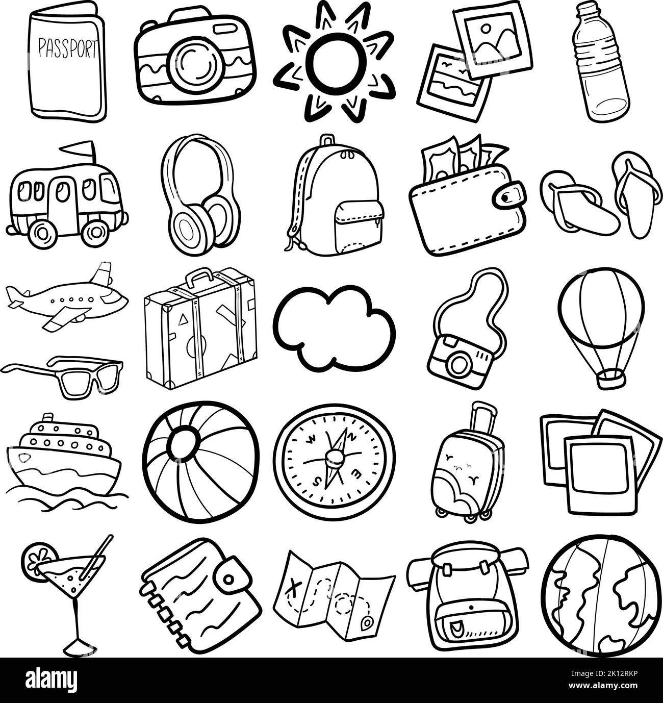 Set di linee d'arte Doodle Line da viaggio disegnato a mano contenente viaggio, passaporto, occhiali da sole, sole, foto, bottiglia di plastica, autobus, cuffie, zaino, mappa Illustrazione Vettoriale