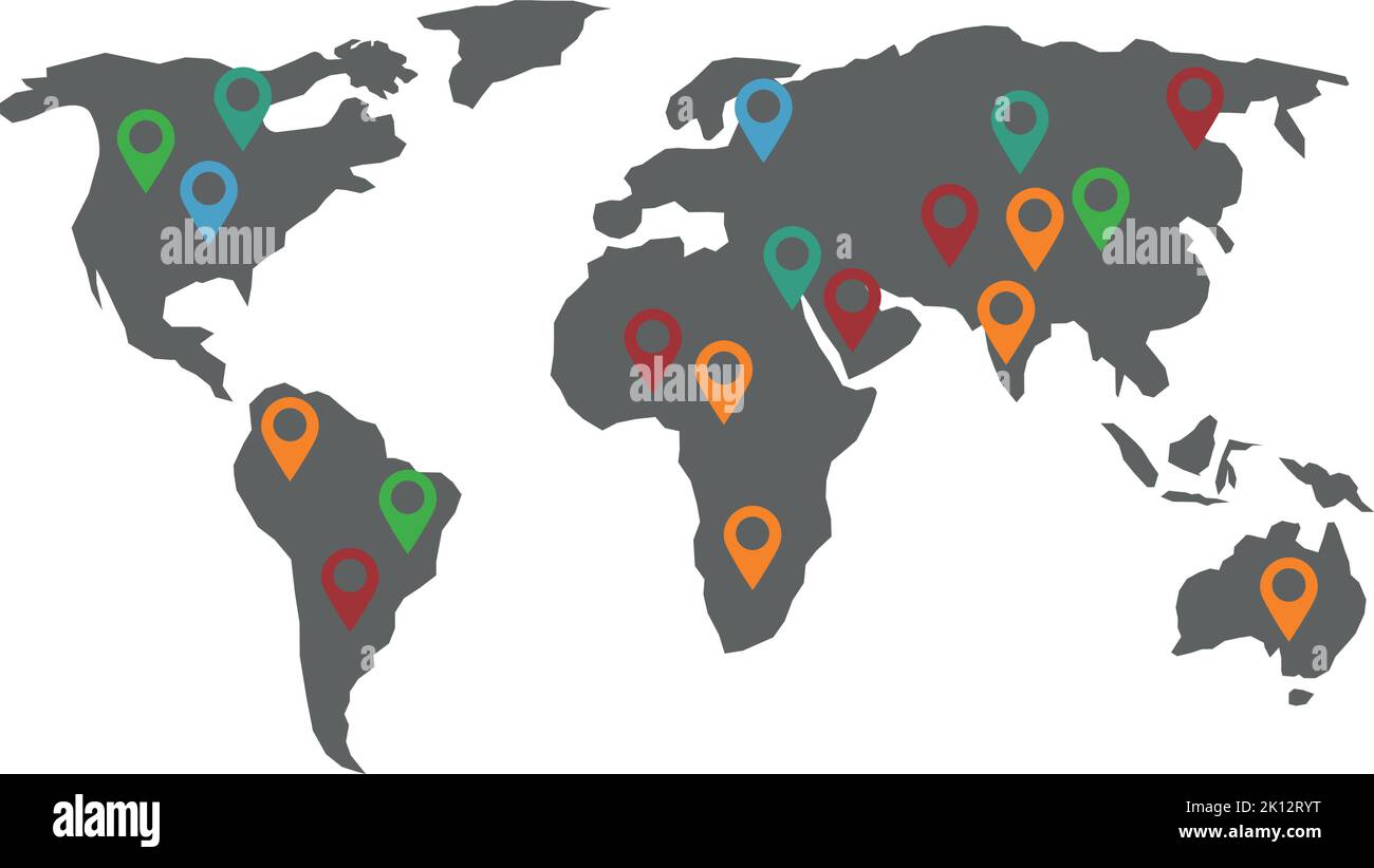 Mappa del mondo con geo puntini colorati. Posizione tag globale Illustrazione Vettoriale