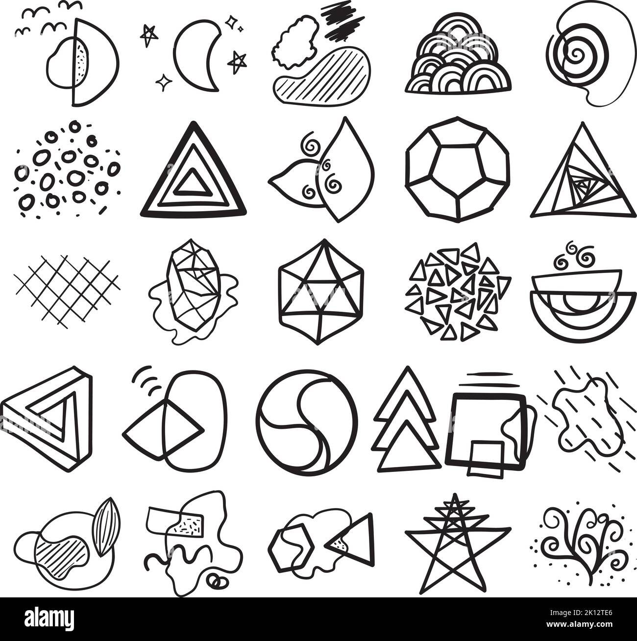Astratto disegnato a mano Doodle Line Art Outline Set contenente astratto, arte, disegno, contorno, forma, geometrico, grafico, triangolare, circolare, semicircolare Illustrazione Vettoriale