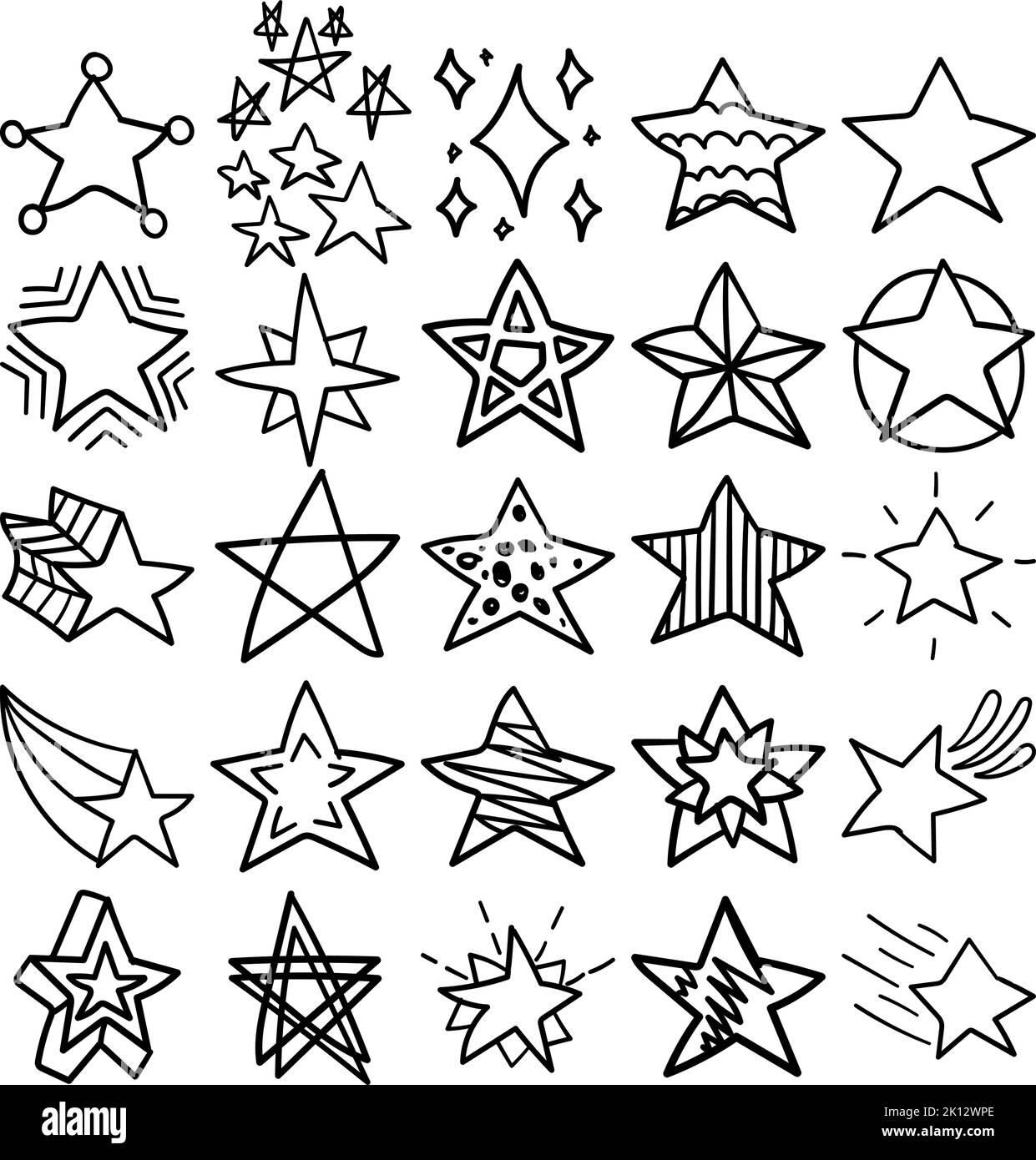 Star disegnata a mano Doodle Line Art Outline Set contenente stella, stelle, astrale, stellato, stellare Illustrazione Vettoriale